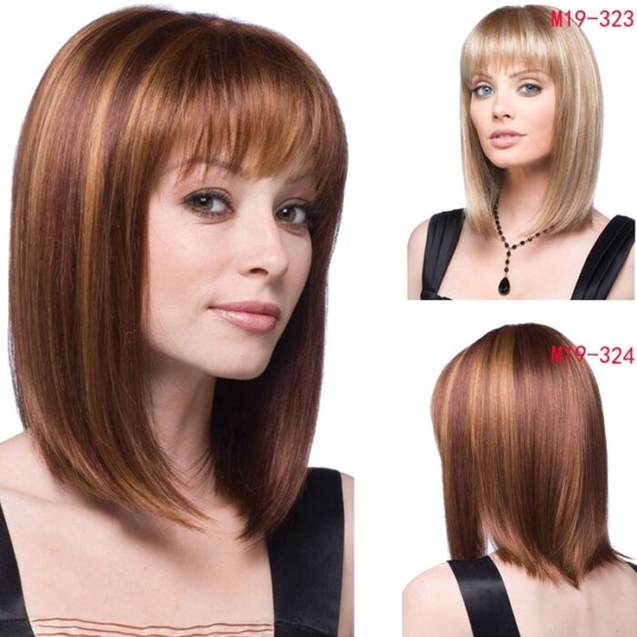 16" 40 cm Women's Long Bob Flat Bang Full Hair Wig Brown Mixed Golden