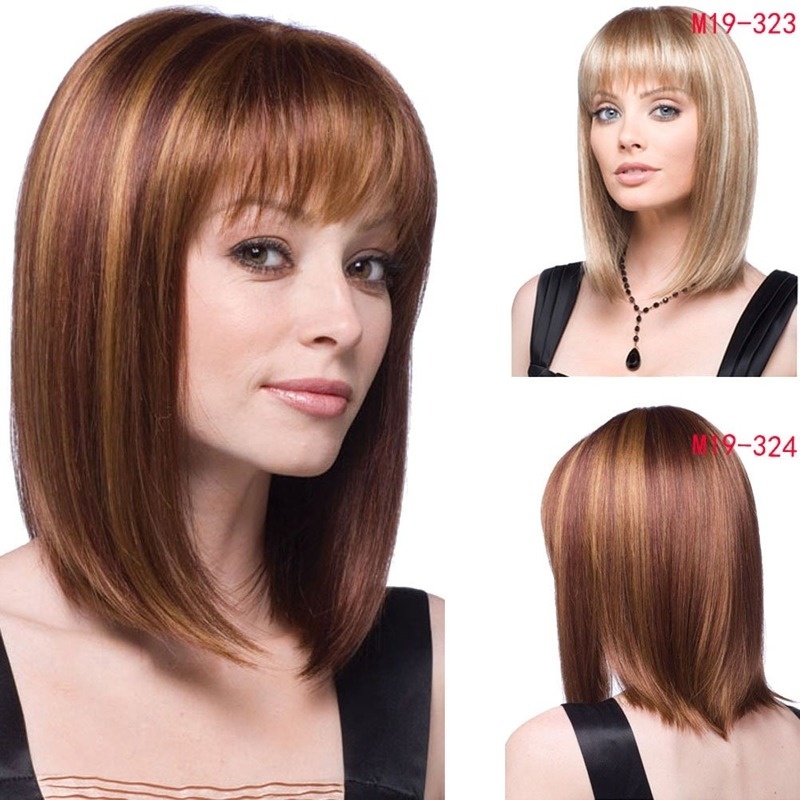 16" 40 cm Women's Long Bob Flat Bang Full Hair Wig Brown Mixed Golden