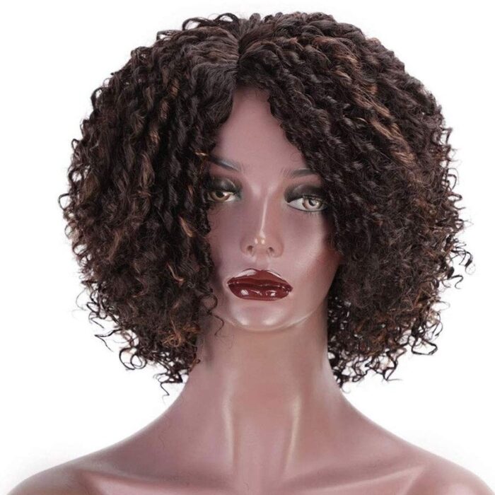 Short Afro Kinkys Curly Hair Wig Afro Wig Short Brown Synthetic Afro Curly Hair Wigs for Women Side Part Wig - 图片 2