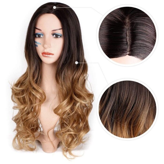 Brown Ombre Wigs Long Curly Side Part Wig 2 Tone  Wavy Wigs for Women Synthetic Heat Resistant Party Wigs Natural Looking - 图片 3