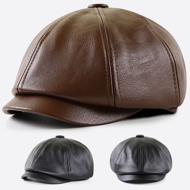 PU Leather Cap  Beret Golf Cap Mens Vintage Newsboy Peaked Hats