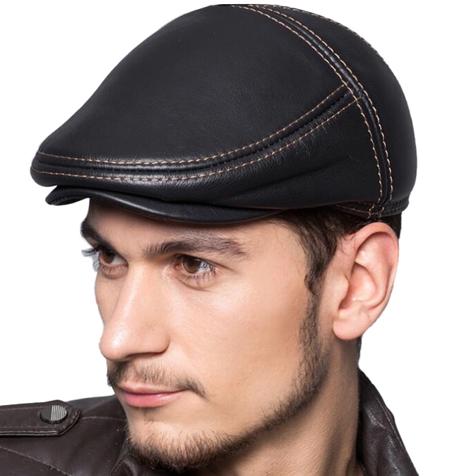 Cowhide Genuine Leather Men Berets Cap Hat  High Quality Fashion Men's Real Leather Adult Hats