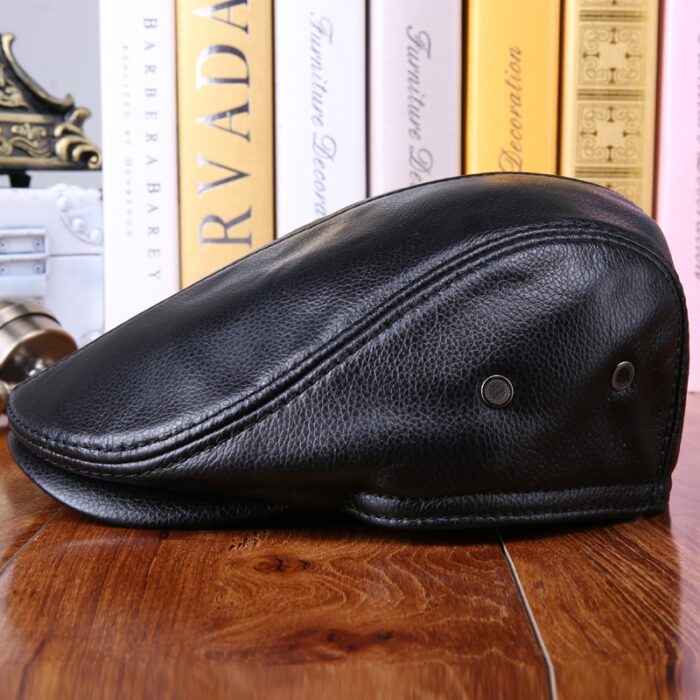 Real Cowhide Leather Cap  Ear Protection Leisure Beret Forward Cap Hat for Winter - 图片 2