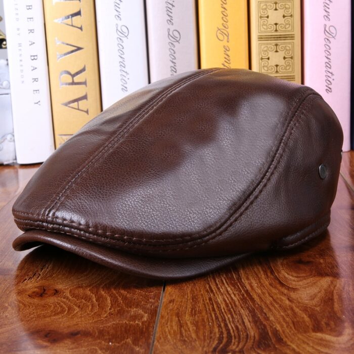 Real Cowhide Leather Cap  Ear Protection Leisure Beret Forward Cap Hat for Winter - 图片 8
