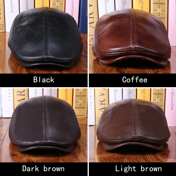 Real Cowhide Leather Cap  Ear Protection Leisure Beret Forward Cap Hat for Winter