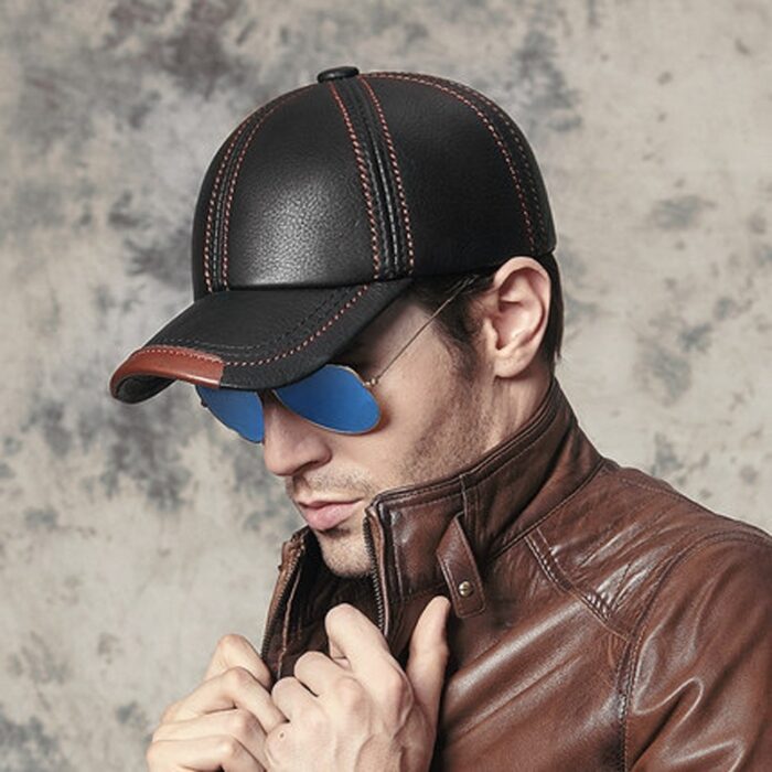 Spring 100% Genuine Leather Black Adjustable Baseball Caps For Men - 图片 2