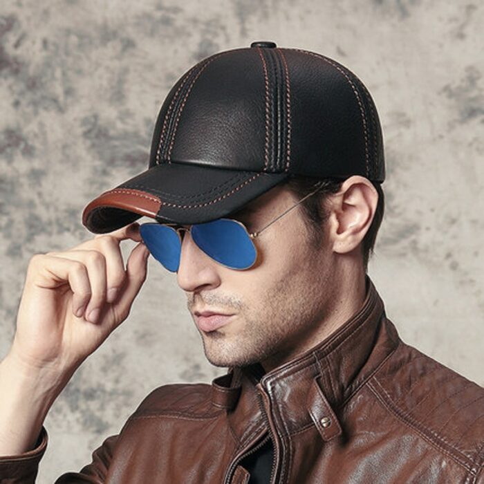 Spring 100% Genuine Leather Black Adjustable Baseball Caps For Men - 图片 3