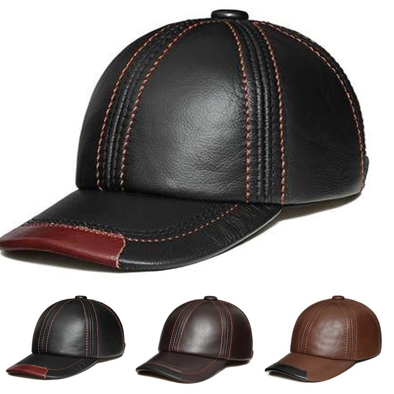 Spring 100% Genuine Leather Black Adjustable Baseball Caps For Men