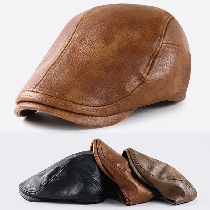 Men's Leather Leather Beret Hunting Cap Beanie Trucker Leather Cap Mens Sports Hat