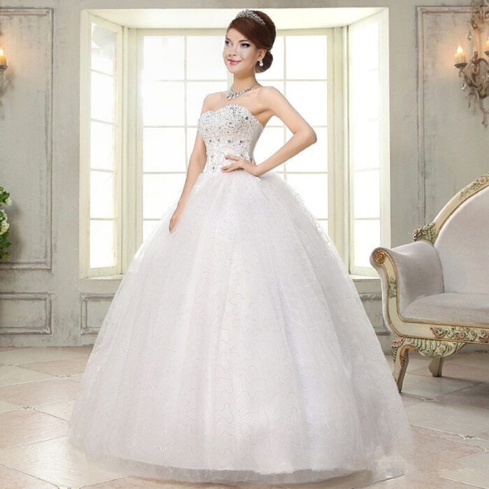 Women Ruched Sequined Lace Up White Big Swing Wedding Dresses - 图片 2