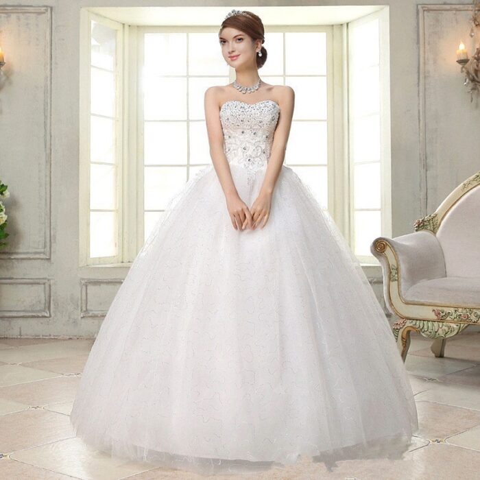 Women Ruched Sequined Lace Up White Big Swing Wedding Dresses - 图片 3