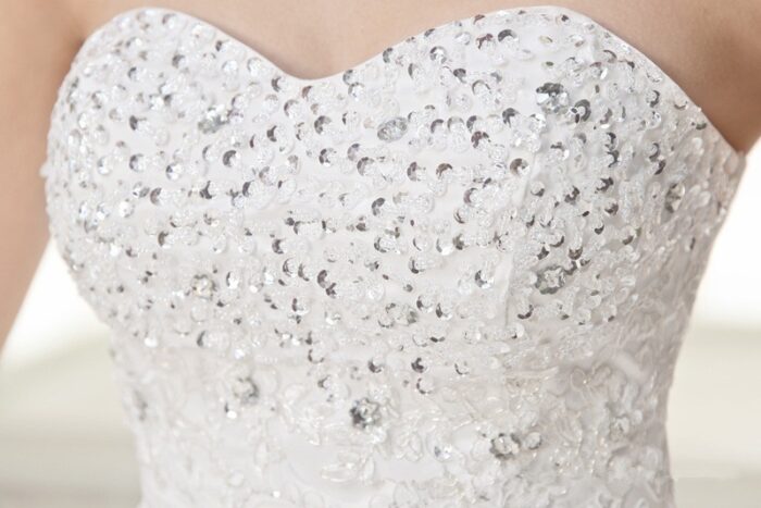 Women Ruched Sequined Lace Up White Big Swing Wedding Dresses - 图片 5