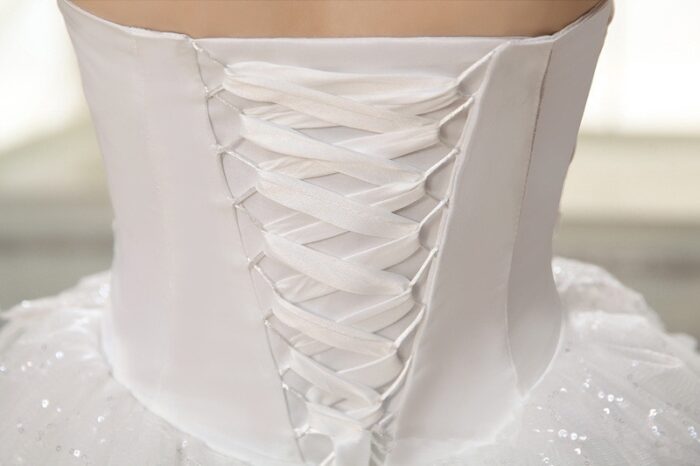 Women Ruched Sequined Lace Up White Big Swing Wedding Dresses - 图片 7