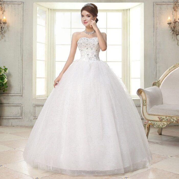 Women Ruched Sequined Lace Up White Big Swing Wedding Dresses
