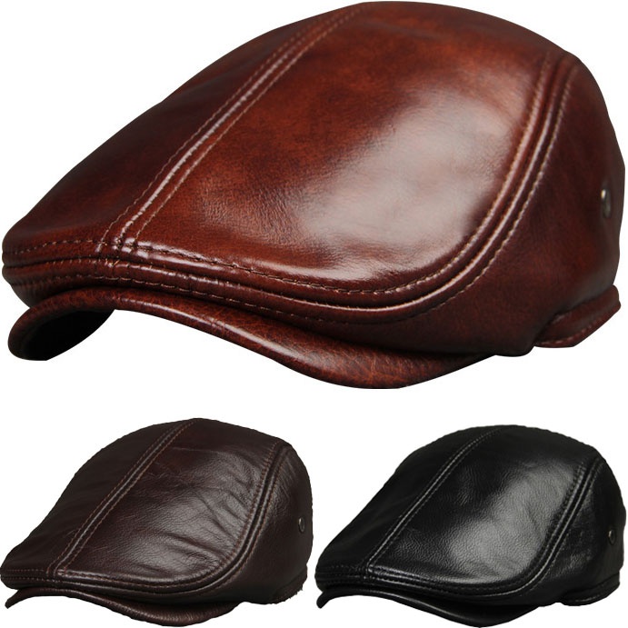 Men's Real Cowhide Leather Cap Winter Hat Thicker Warm Leather Berets Ivy Cabbie Cap Leather Ear Flaps Cap Hunting Cap
