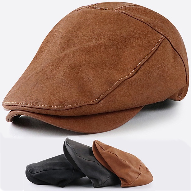 Men's Leather Beret Hunting Cap Sports Hat Beanie Trucker Leather Cap