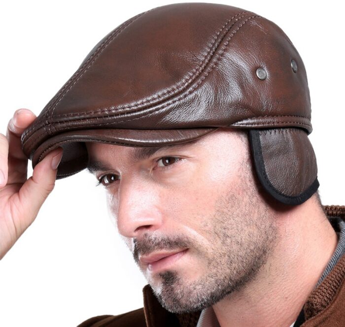 100% Real Genuine Leather Men's Hat Winter Warm Caps Baseball Cap Brand Newsboy Beret Hat  Hats Cowhide Cap