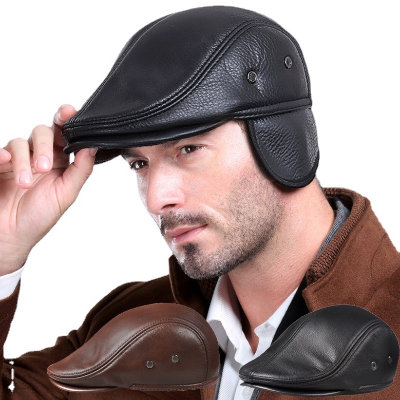 100% Real Genuine Leather Men's Hat Winter Warm Caps Baseball Cap Brand Newsboy Beret Hat  Hats Cowhide Cap